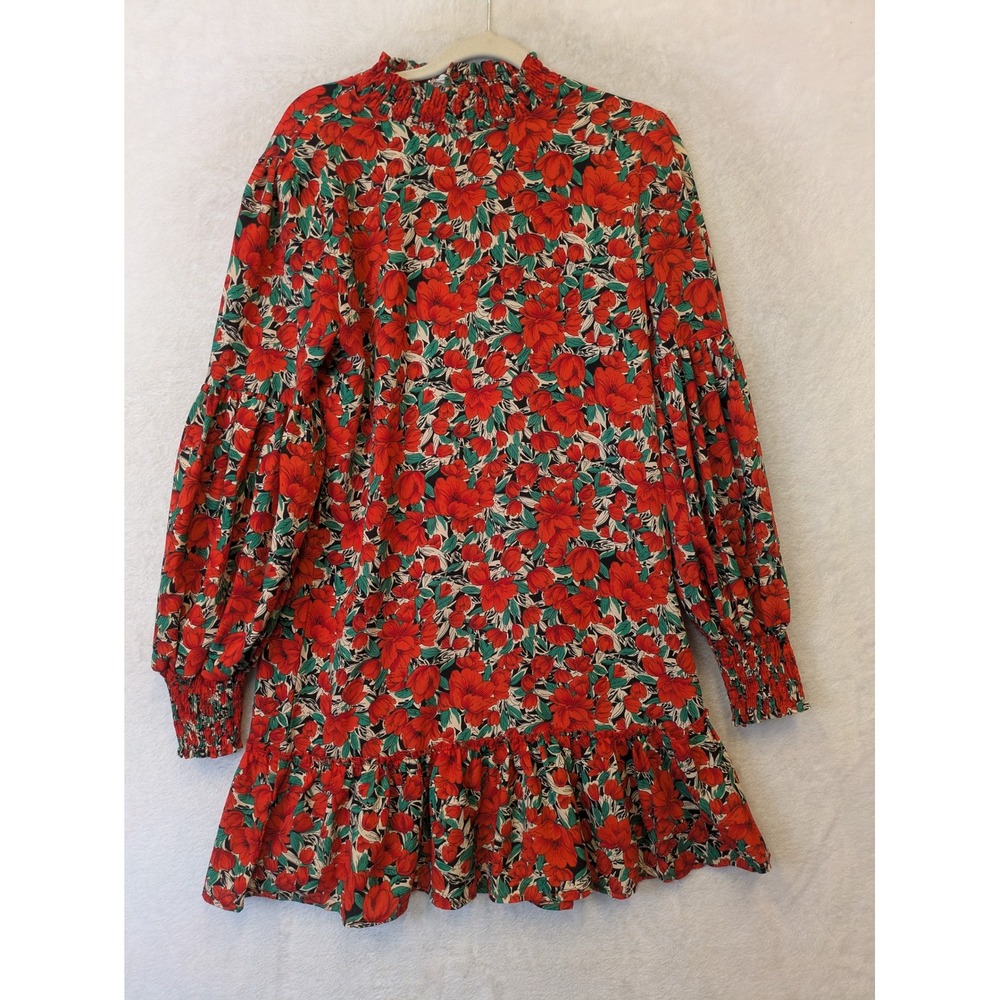 Shein Mini Dress Women's Medium Red Floral Ruffle Hem Smocked High‎ Neck